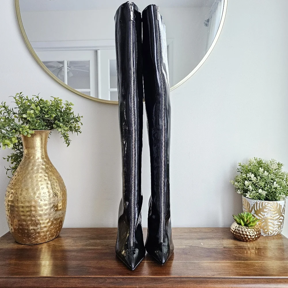 NWOT Forever 21 Black Faux Patent Leather Thigh-High Over-the-Knee Boots Sz 5.5